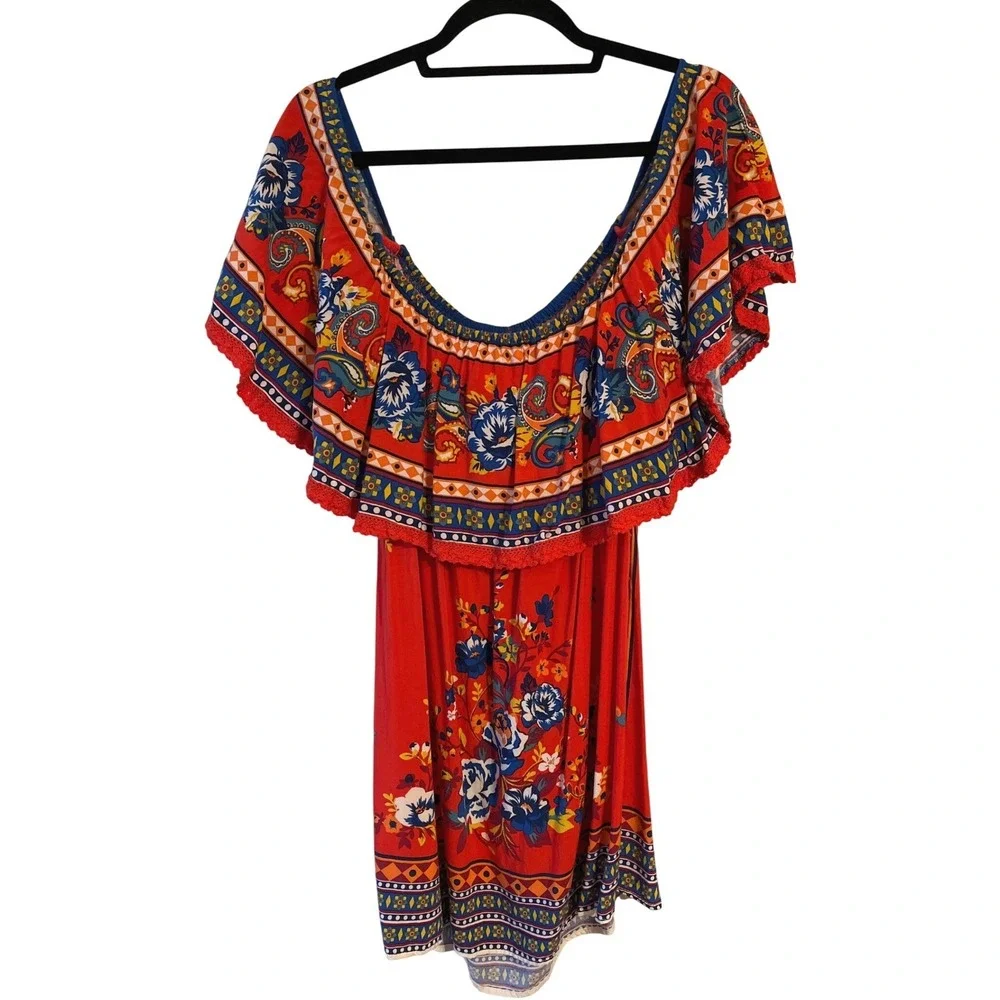 Flying Tomato Red Floral Off Shoulder Mini‎ Dress Bohemian Boho Festival Small